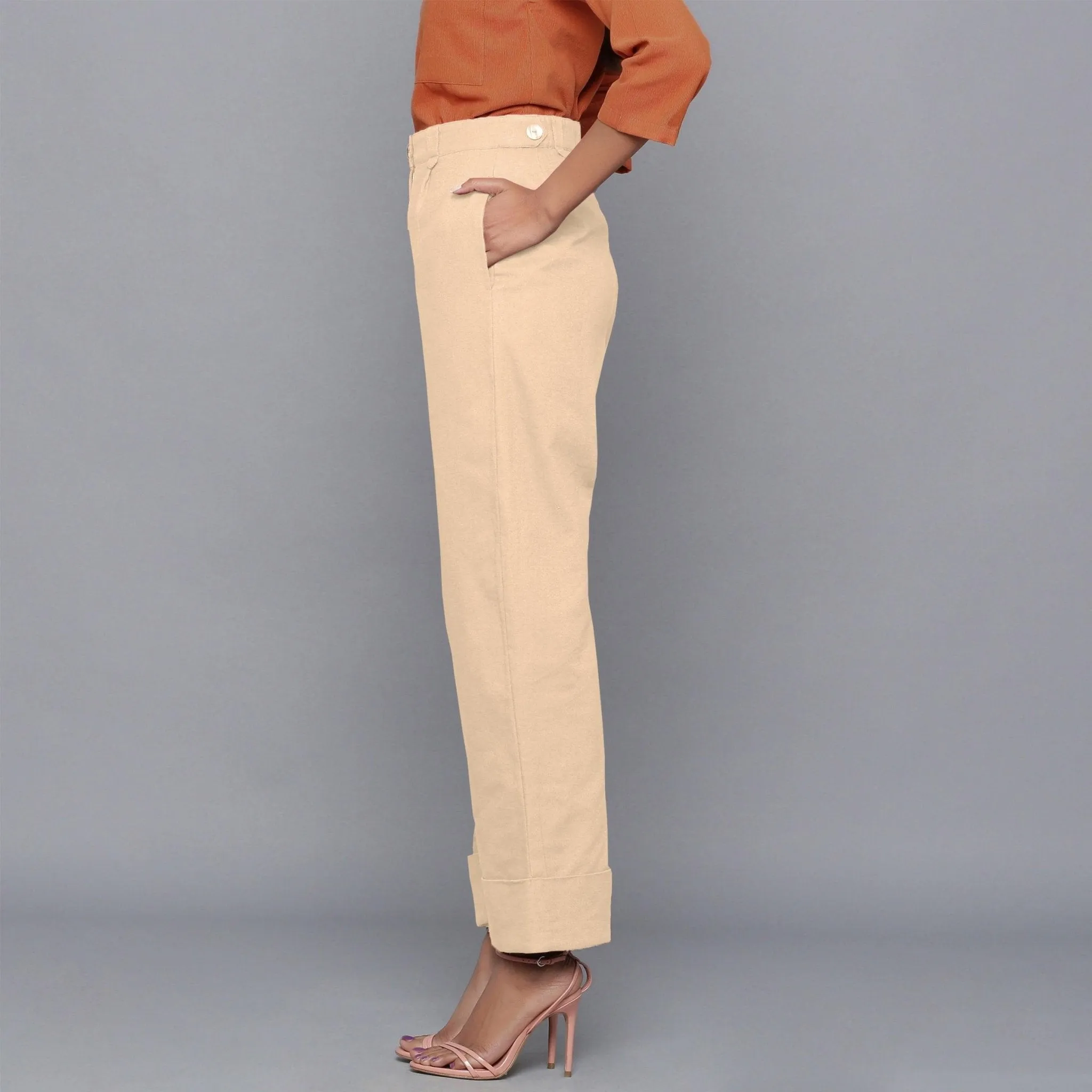 Beige Warm Cotton Flannel High-Rise Rolled-up Pant