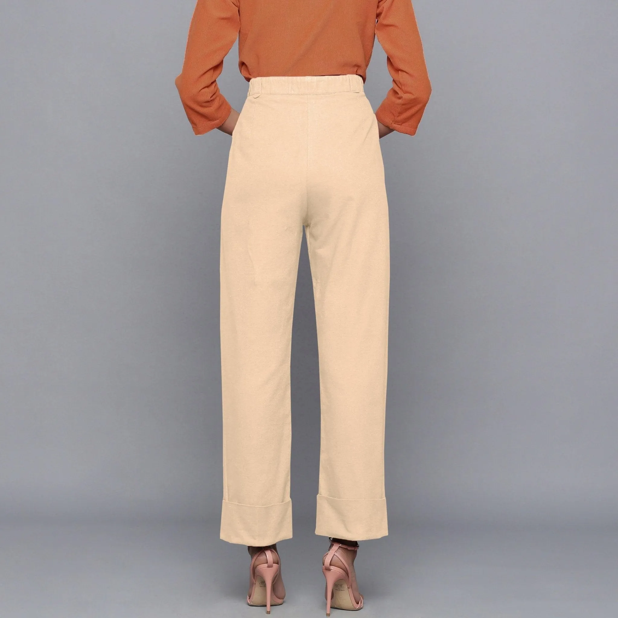 Beige Warm Cotton Flannel High-Rise Rolled-up Pant