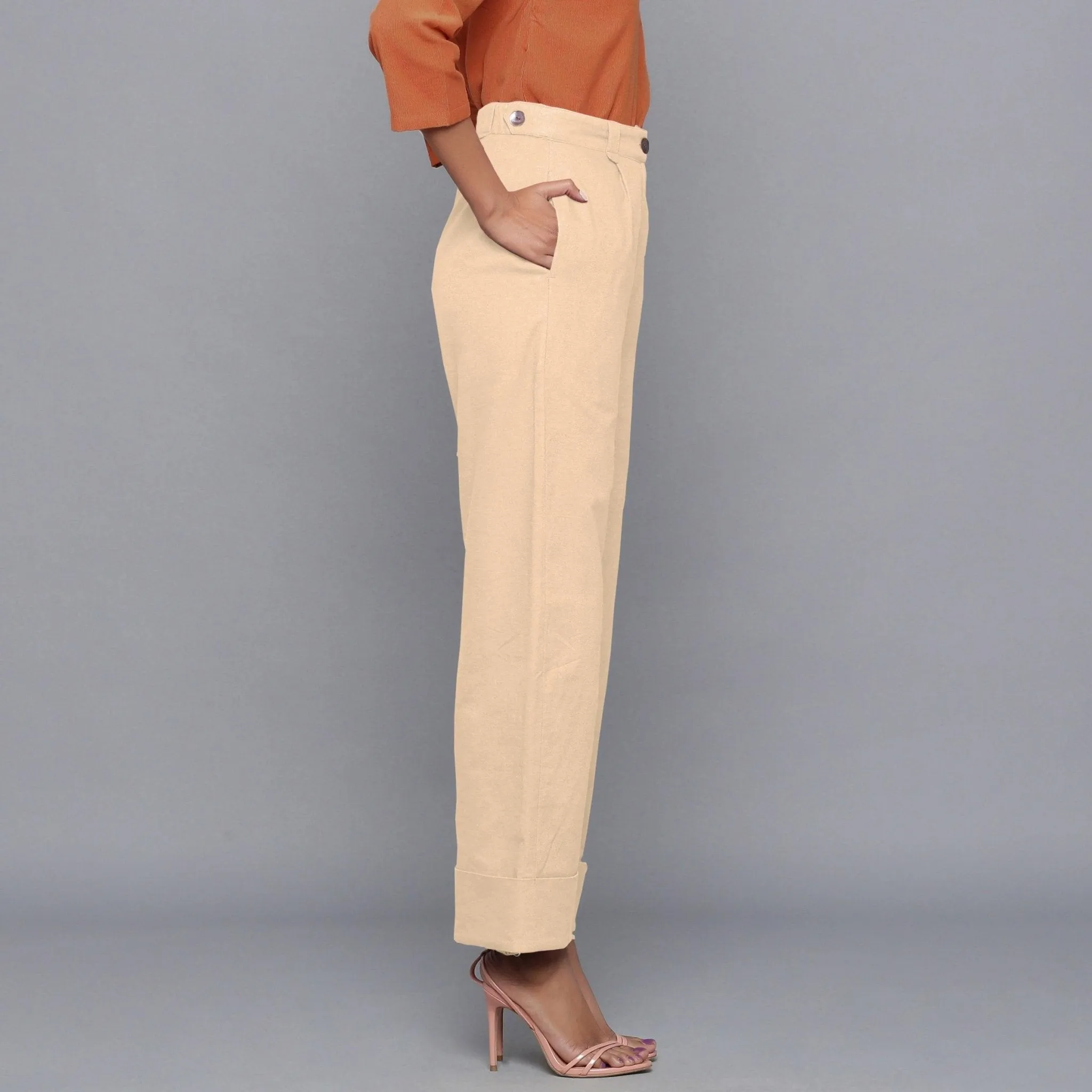 Beige Warm Cotton Flannel High-Rise Rolled-up Pant