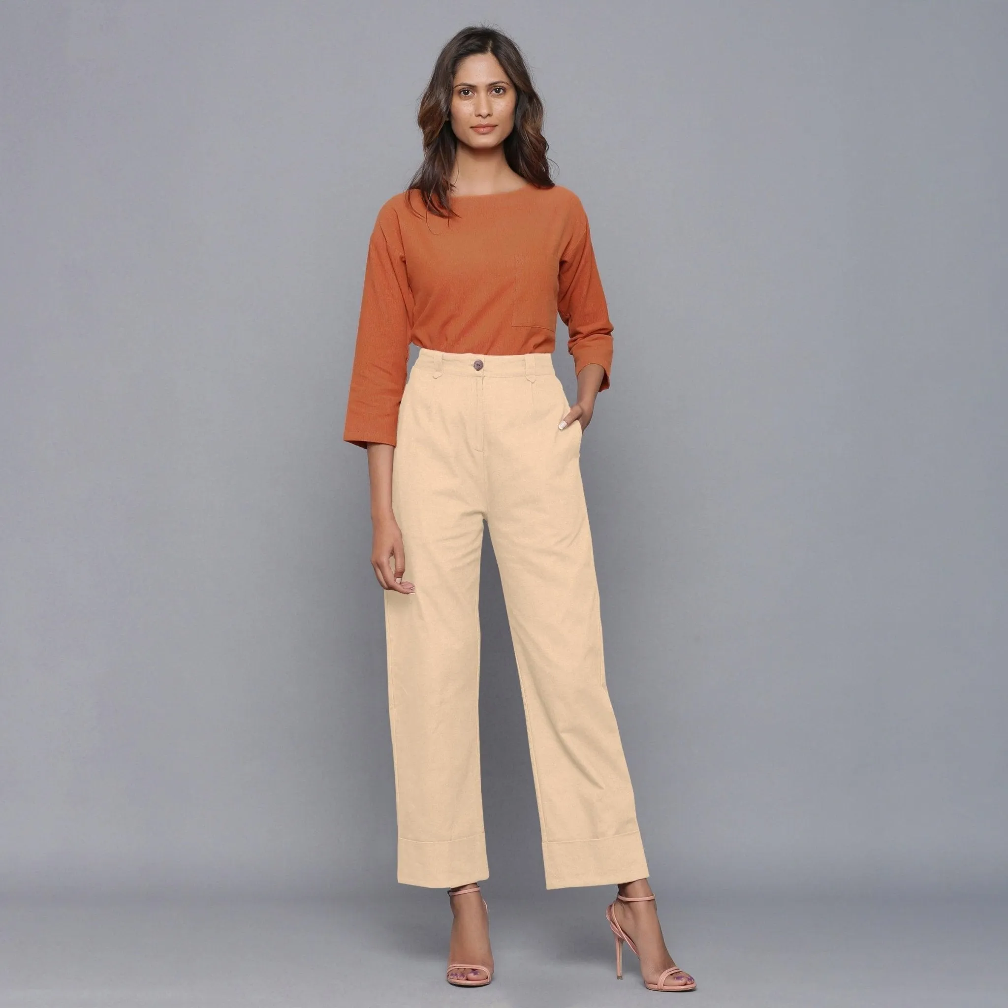 Beige Warm Cotton Flannel High-Rise Rolled-up Pant