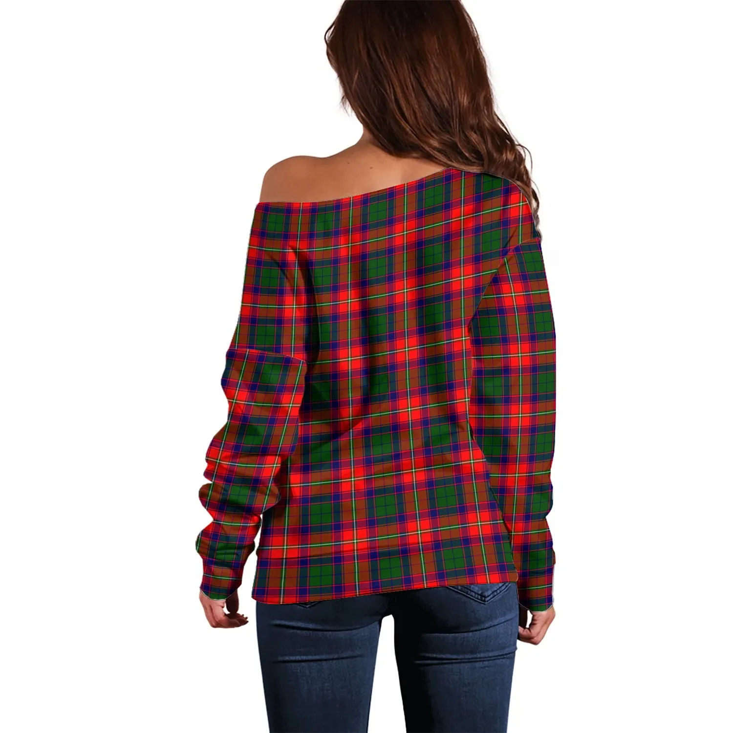 Belshes Tartan Off Shoulder Women Sweater with Family Crest