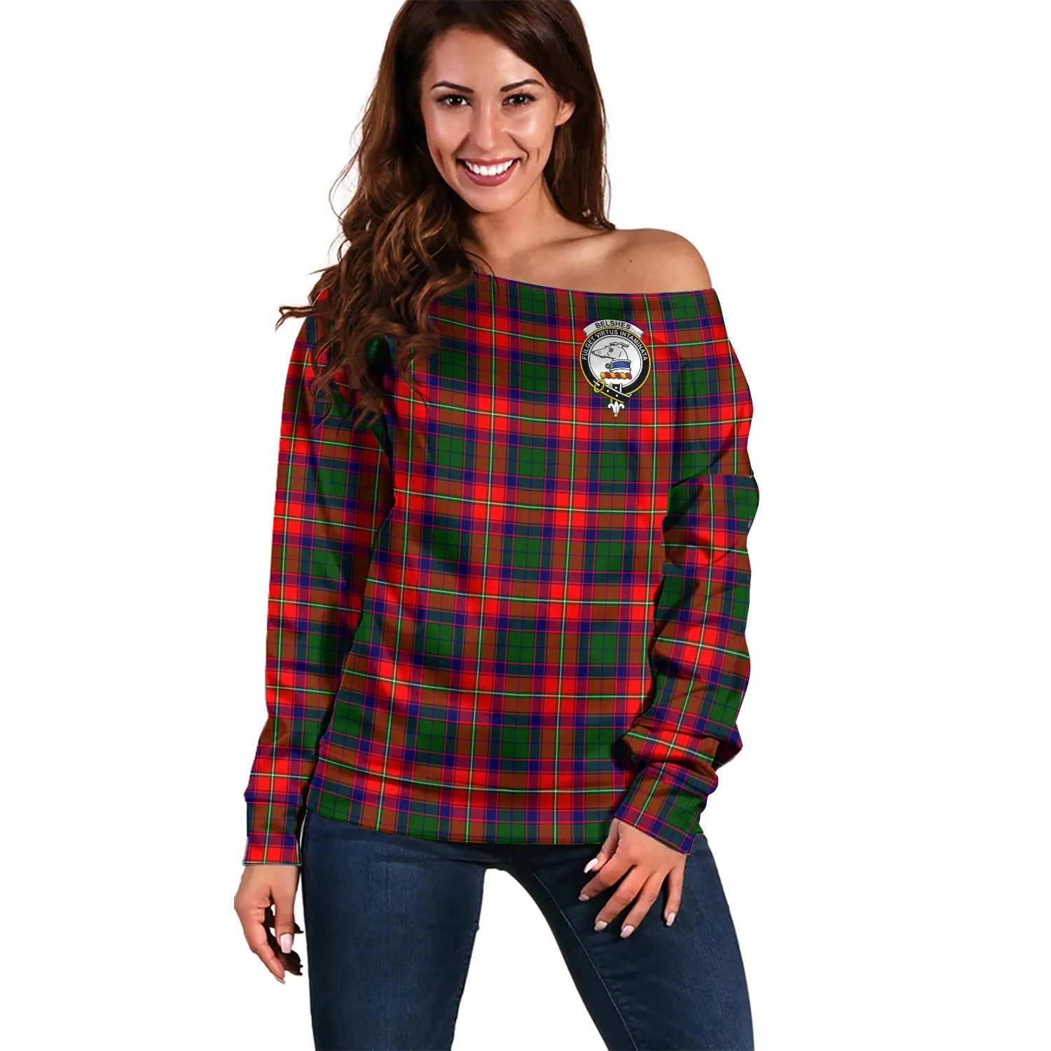 Belshes Tartan Off Shoulder Women Sweater with Family Crest