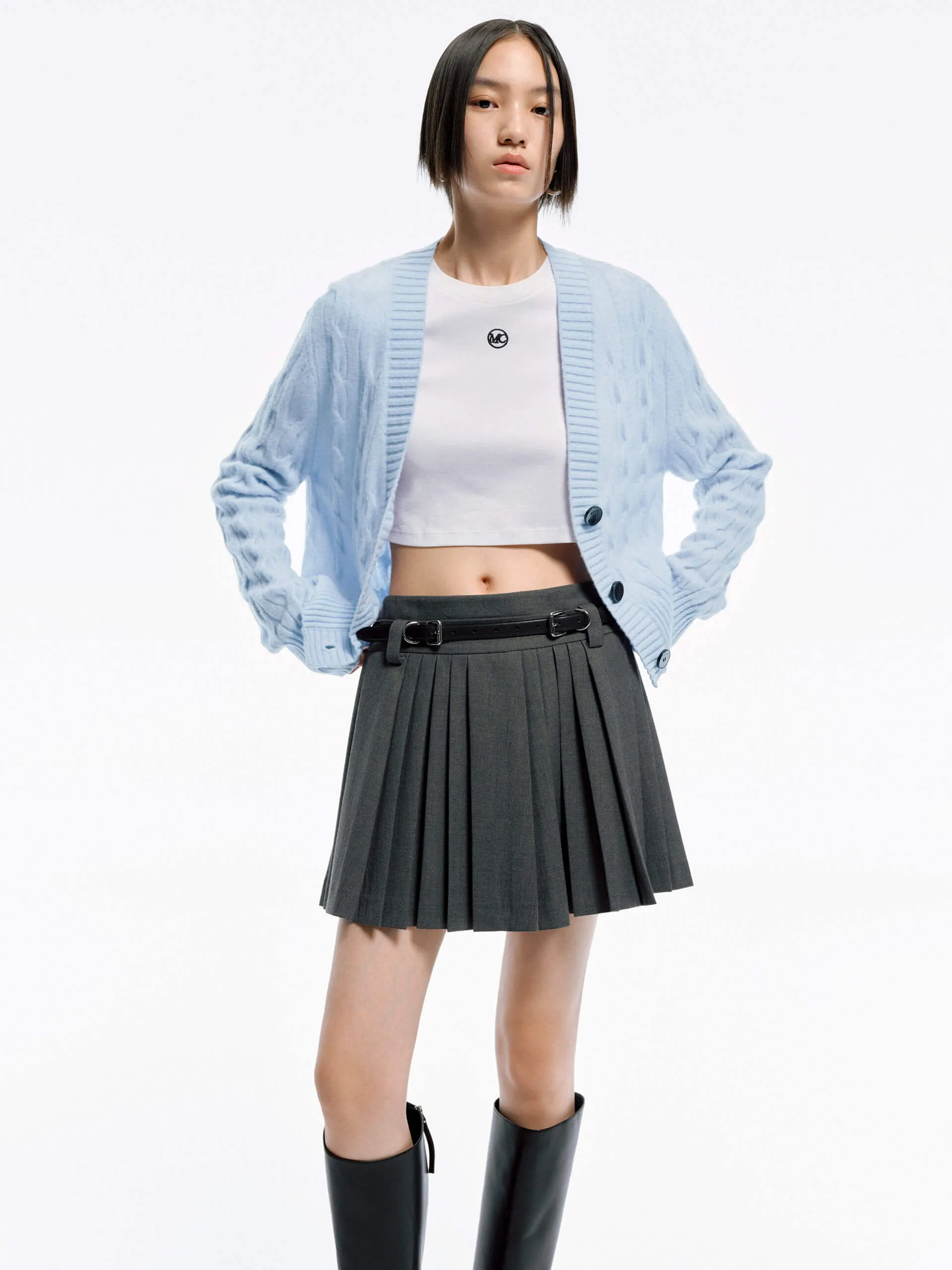 Belt Pleated Mini Skirt