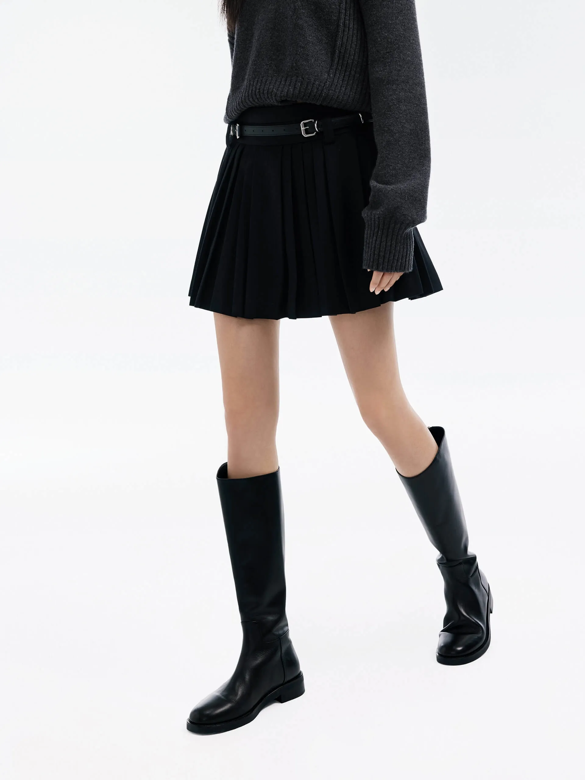 Belt Pleated Mini Skirt