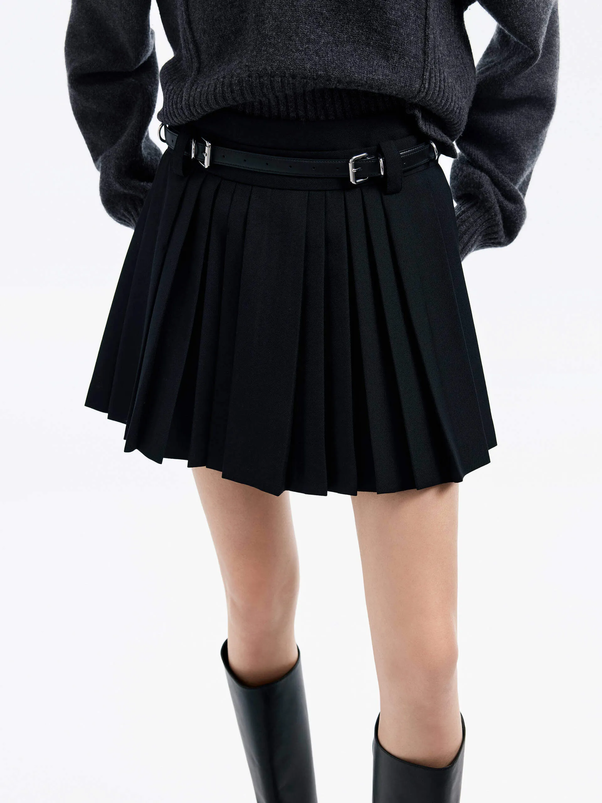 Belt Pleated Mini Skirt