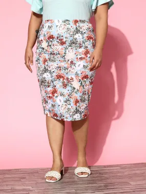 Berrylush Curve Women Blue Floral Pencil Skirt