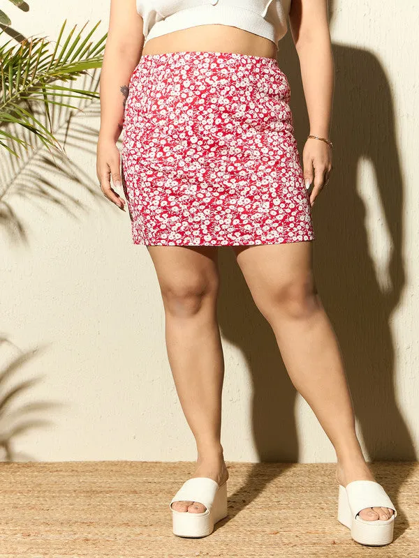 Berrylush Curve Women Red & White Floral Printed High-Rise Waist Slip-On Straight Hem Pencil Mini Skirt