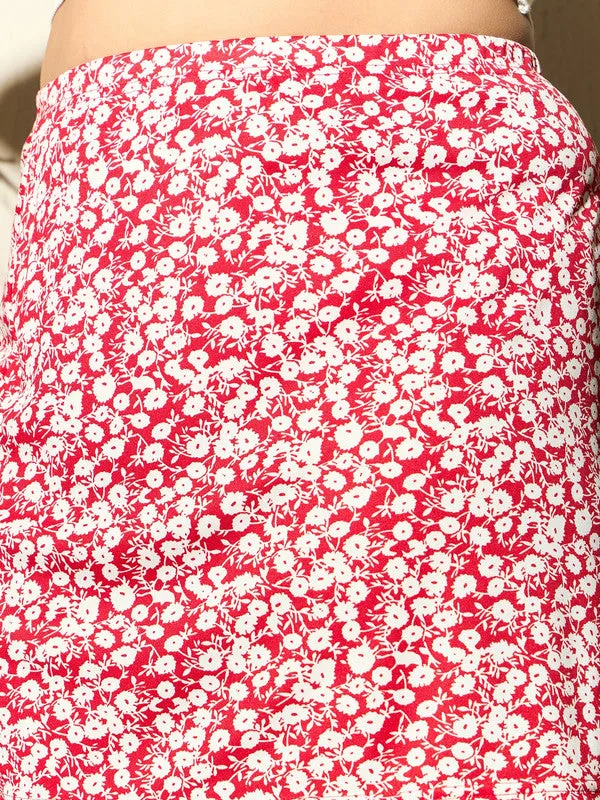 Berrylush Curve Women Red & White Floral Printed High-Rise Waist Slip-On Straight Hem Pencil Mini Skirt