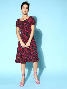 Berrylush Women Black & Pink Floral Printed Sweetheart Neck Front Tie-Up Ruffled A-Line Midi Dress