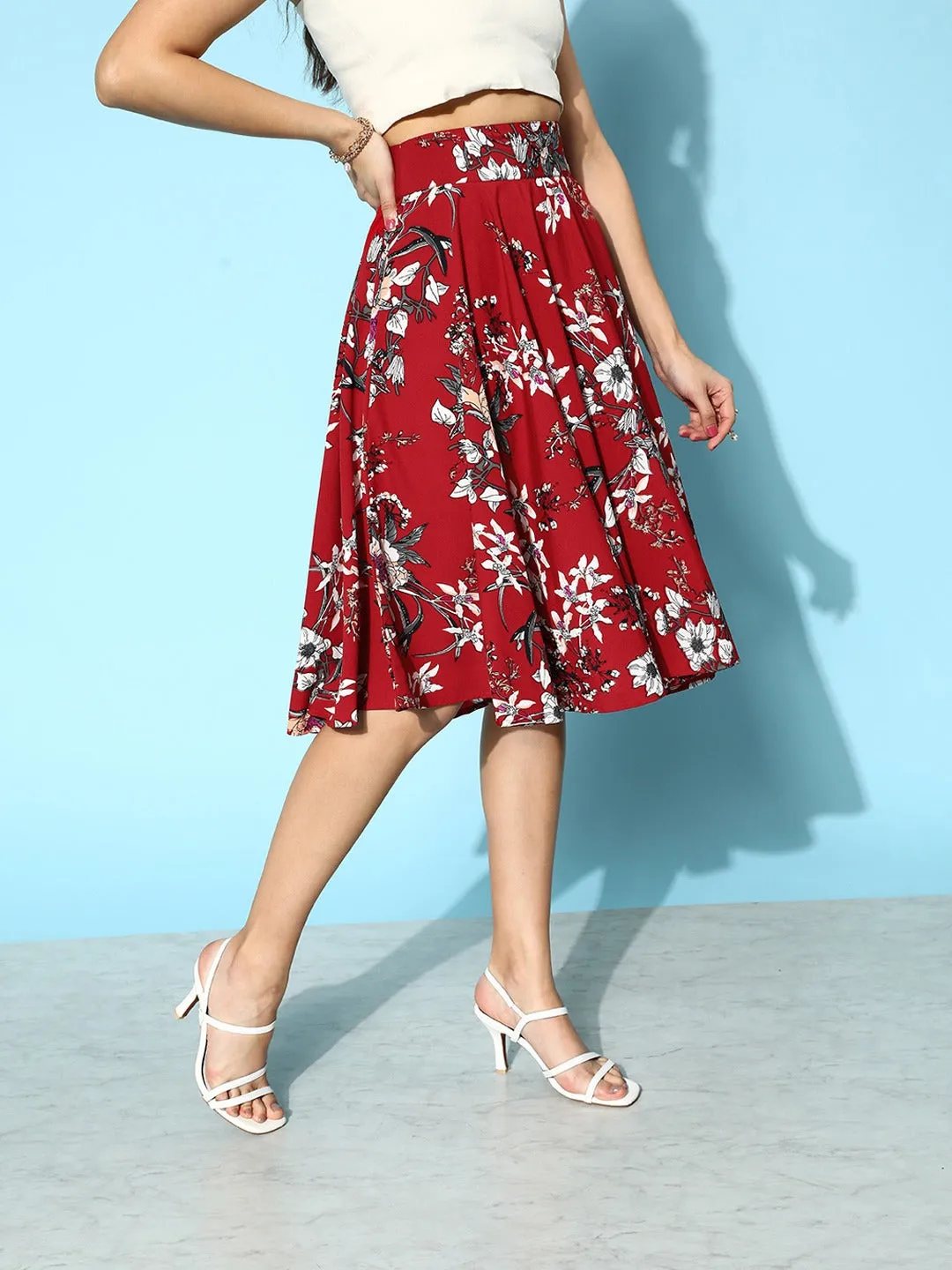 Berrylush Women Maroon & White Floral Printed Crepe High-Rise Waist Flared A-Line Midi Skirt