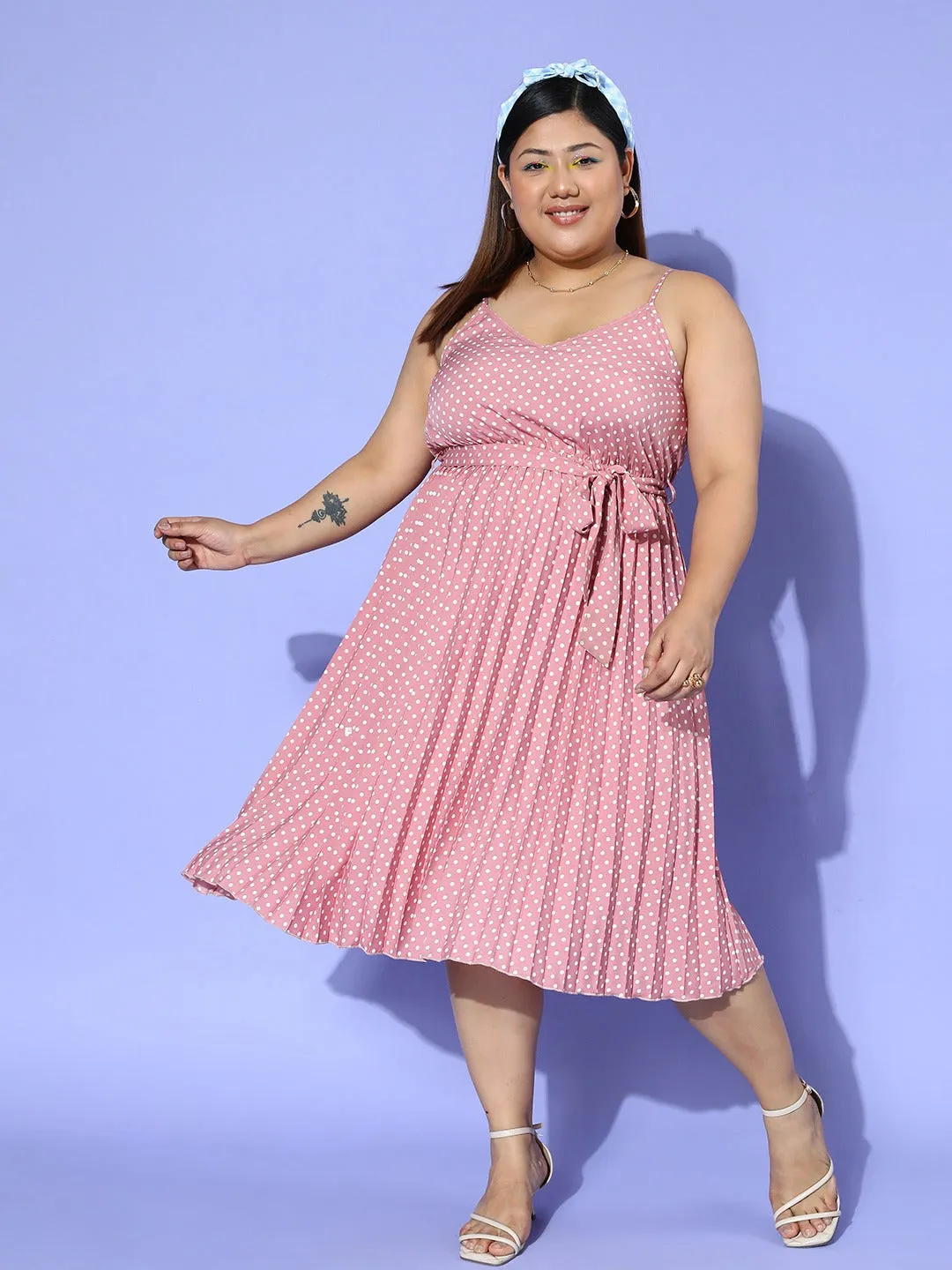 Berrylush Women Plus Size Pink & White Polka Dot Printed V-Neck Sleeveless Tie-Up Waist Pleated Fit & Flare Midi Dress