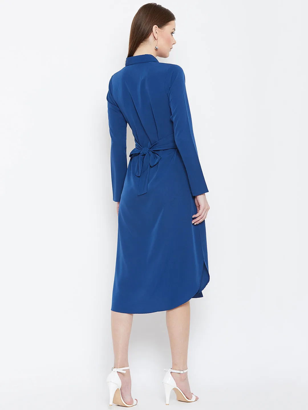 Berrylush Women Solid Blue Collared Neck Button-Up Curved Midi Shirt Dress