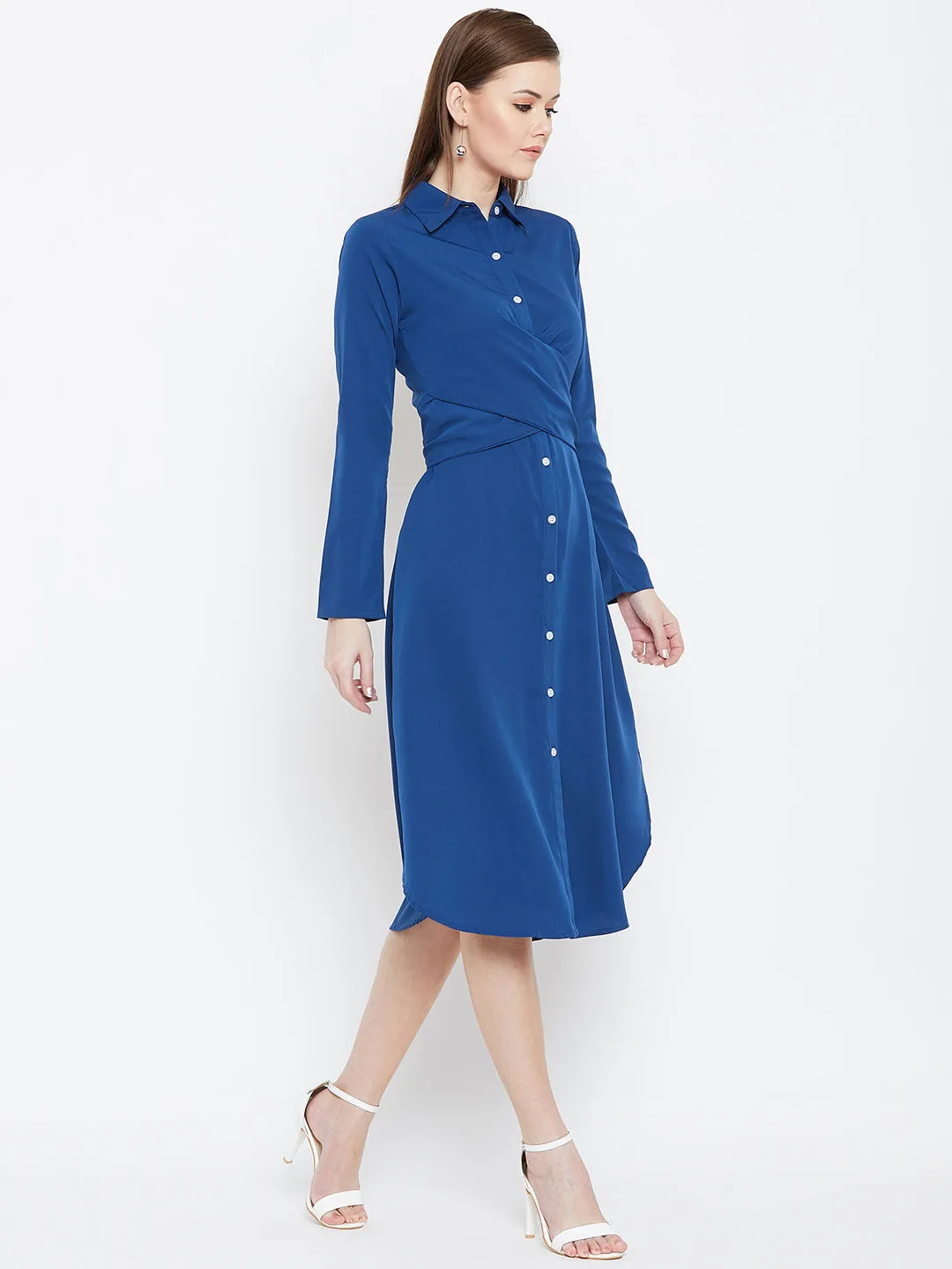 Berrylush Women Solid Blue Collared Neck Button-Up Curved Midi Shirt Dress