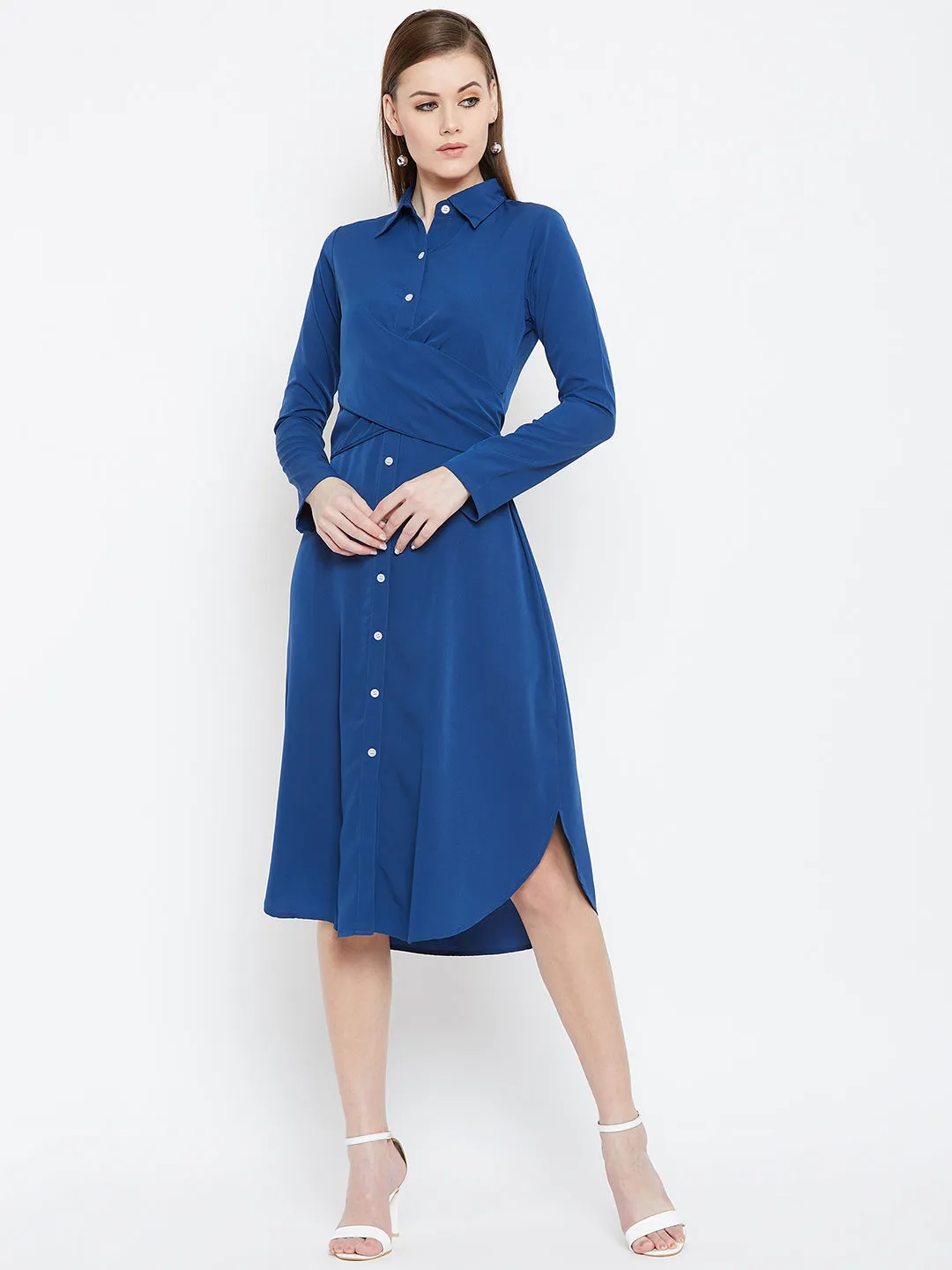 Berrylush Women Solid Blue Collared Neck Button-Up Curved Midi Shirt Dress