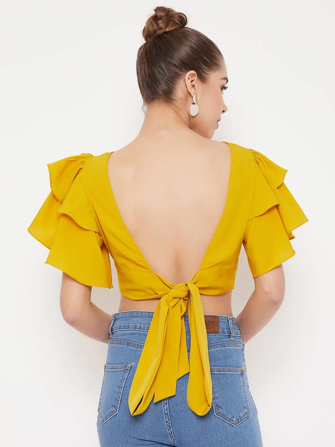 Berrylush Women Solid Yellow Ruffle Sleeves Back Tie Top