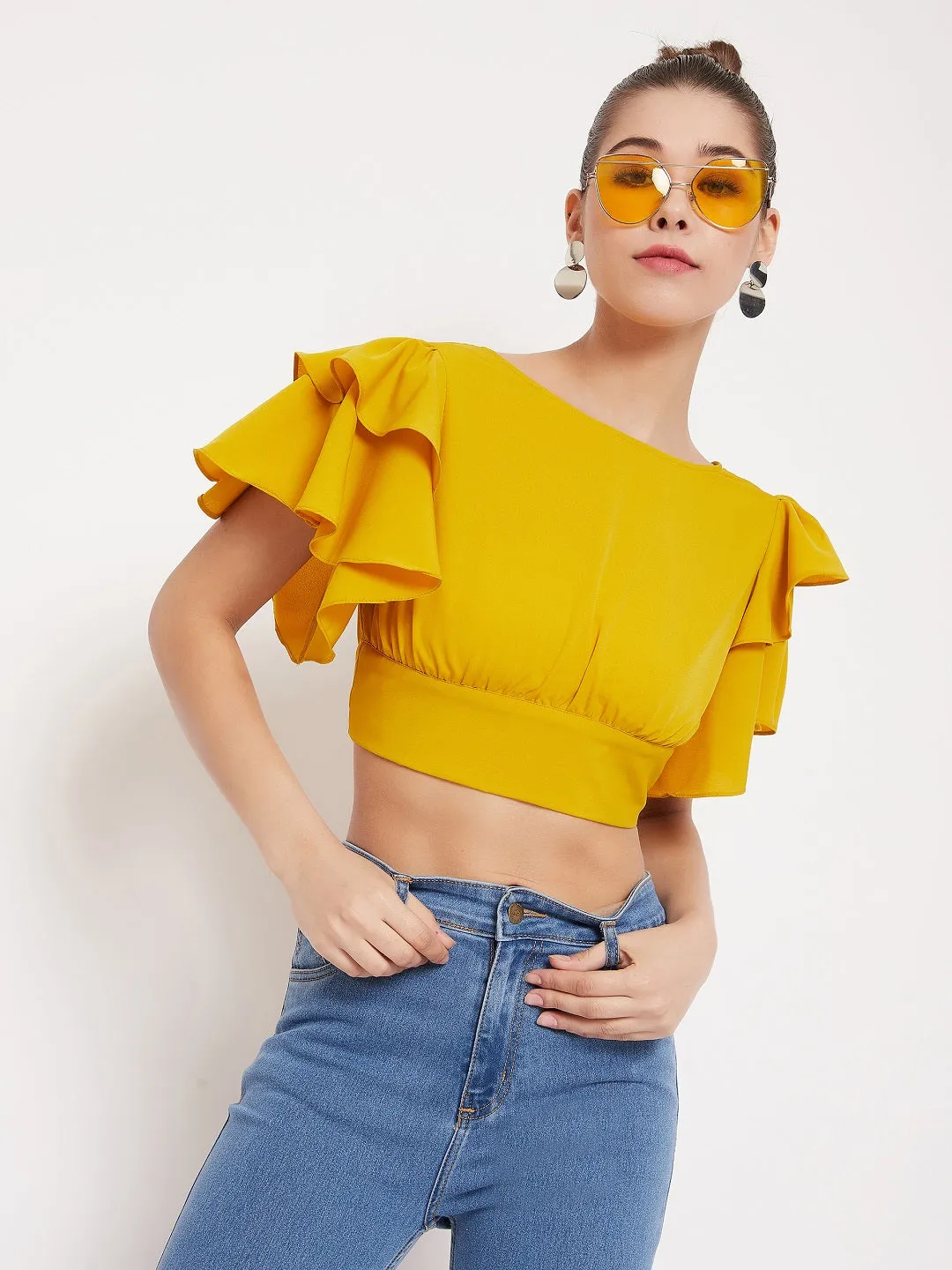 Berrylush Women Solid Yellow Ruffle Sleeves Back Tie Top