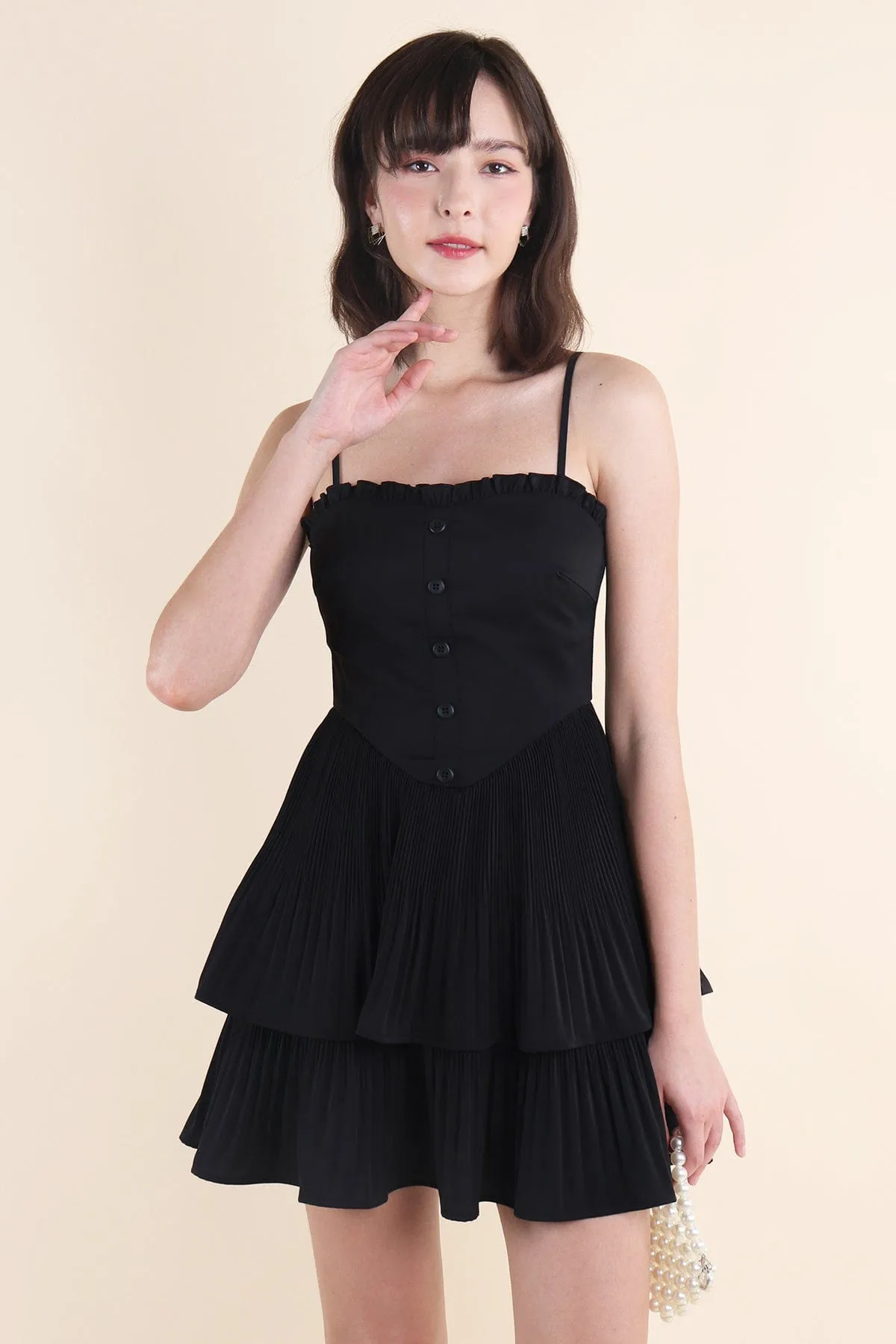 BEVELYN PLEATED MINI DRESS IN BLACK