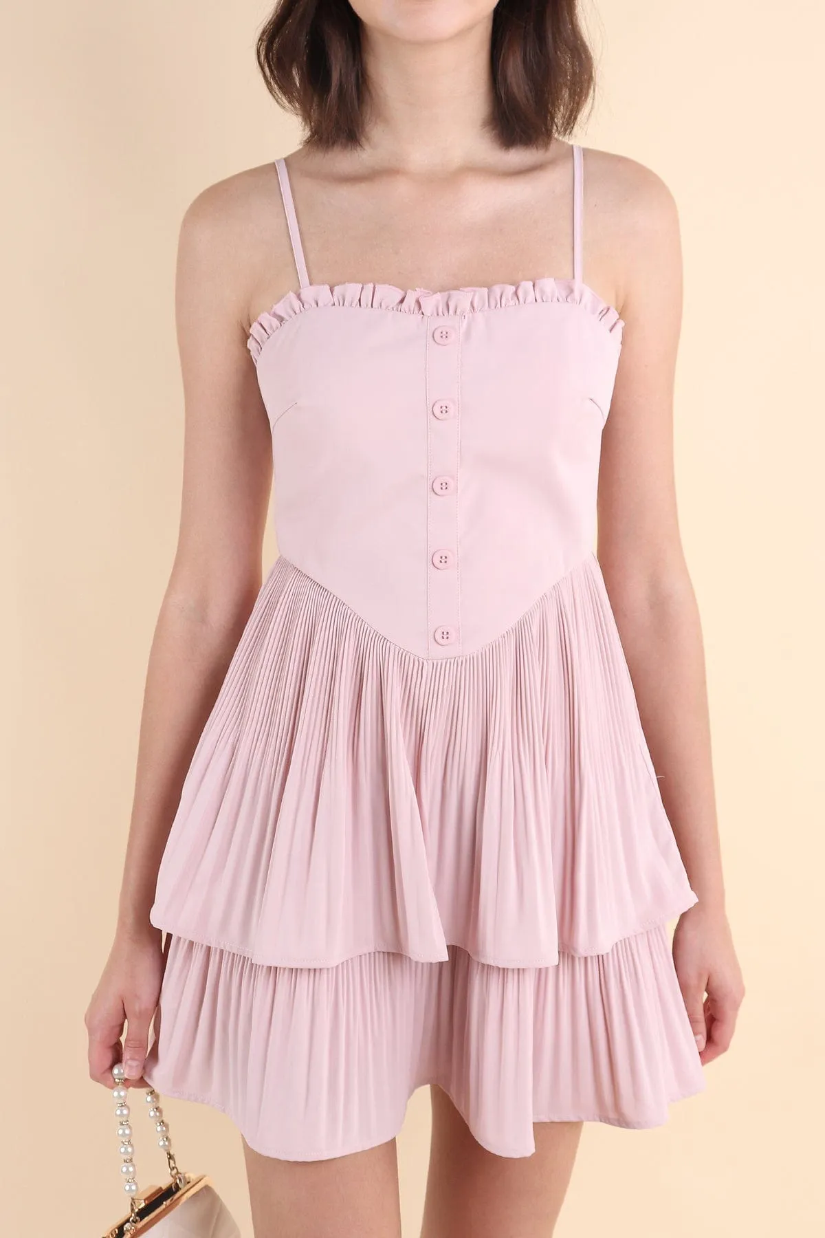 BEVELYN PLEATED MINI DRESS IN PINK