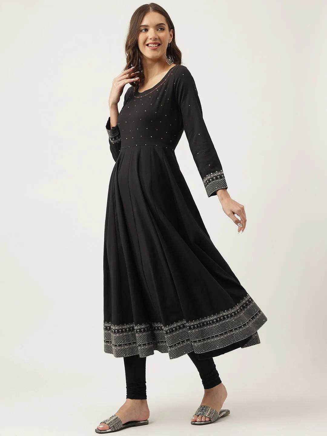 Black Embroidered Cotton Anarkali Kurta