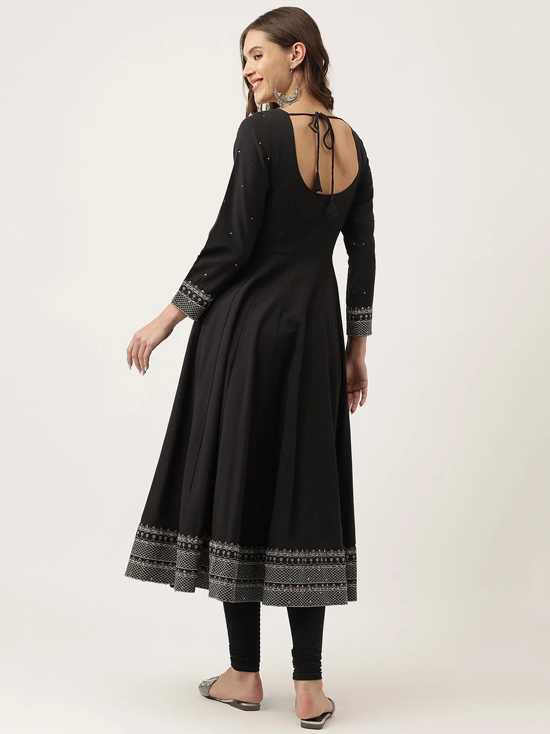 Black Embroidered Cotton Anarkali Kurta