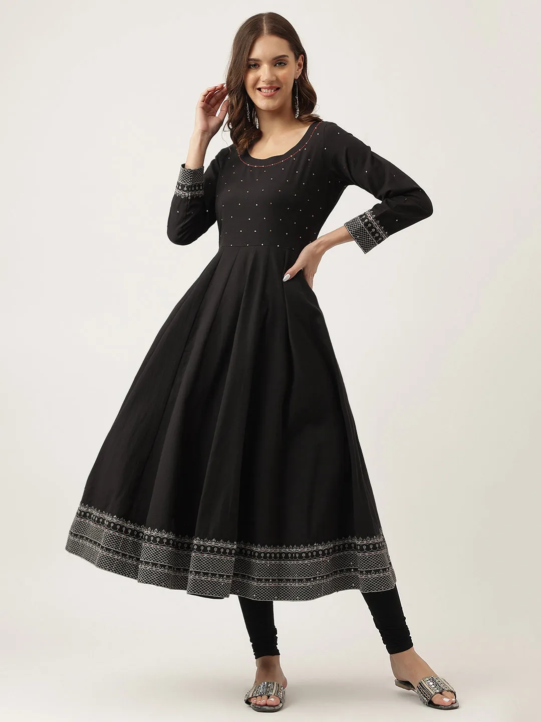 Black Embroidered Cotton Anarkali Kurta