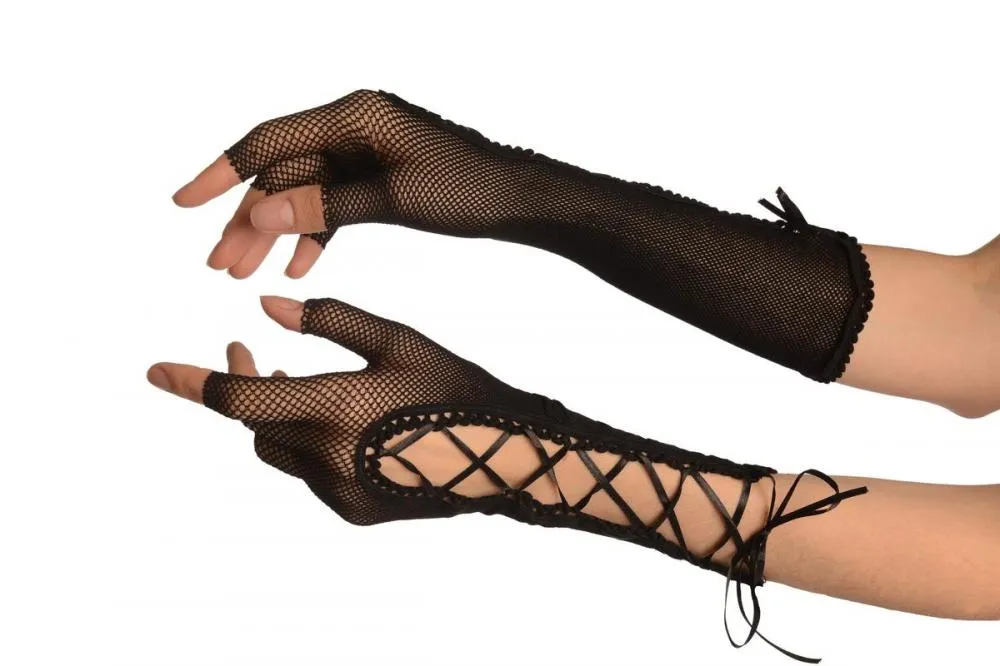 Black Fishnet Black Lace Up Fingerless Gloves