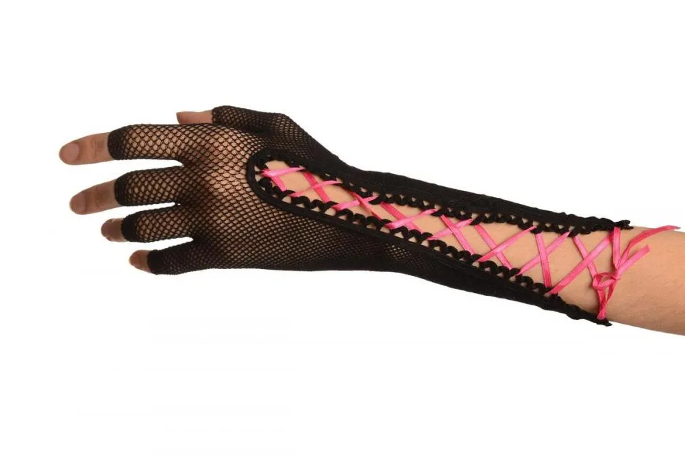 Black Fishnet Pink Lace Up Fingerless Gloves