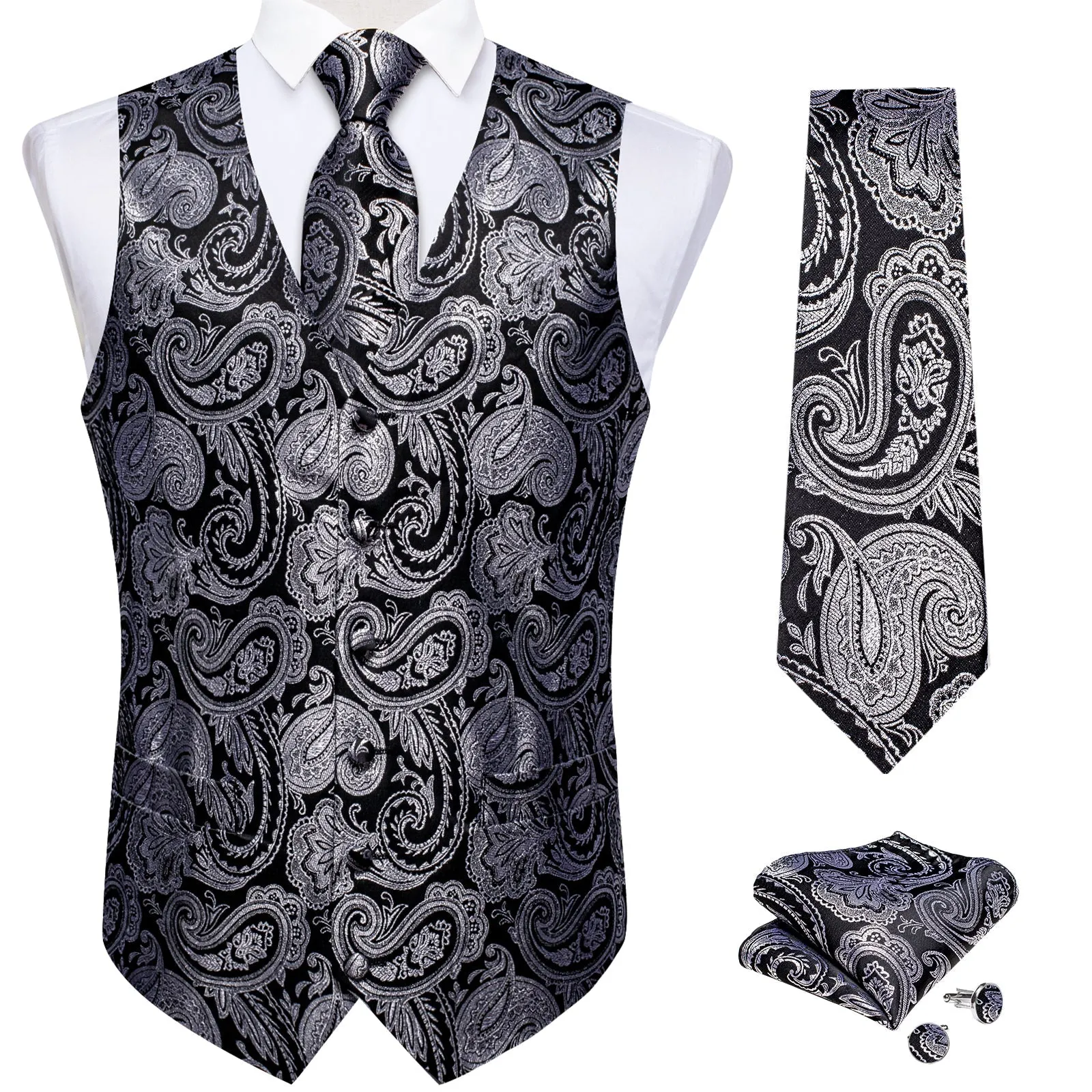 Black Grey Paisley Jacquard Silk Men's Vest Hanky Cufflinks Tie Set