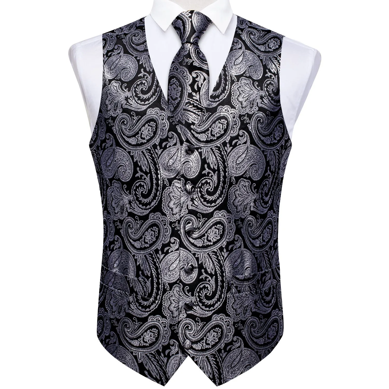 Black Grey Paisley Jacquard Silk Men's Vest Hanky Cufflinks Tie Set