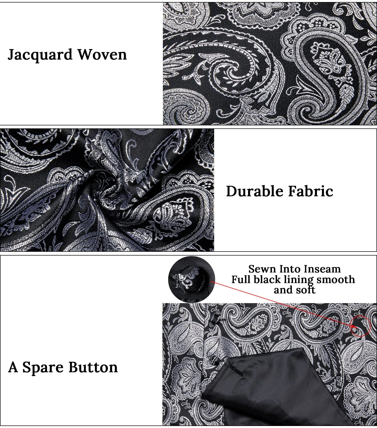 Black Grey Paisley Jacquard Silk Men's Vest Hanky Cufflinks Tie Set