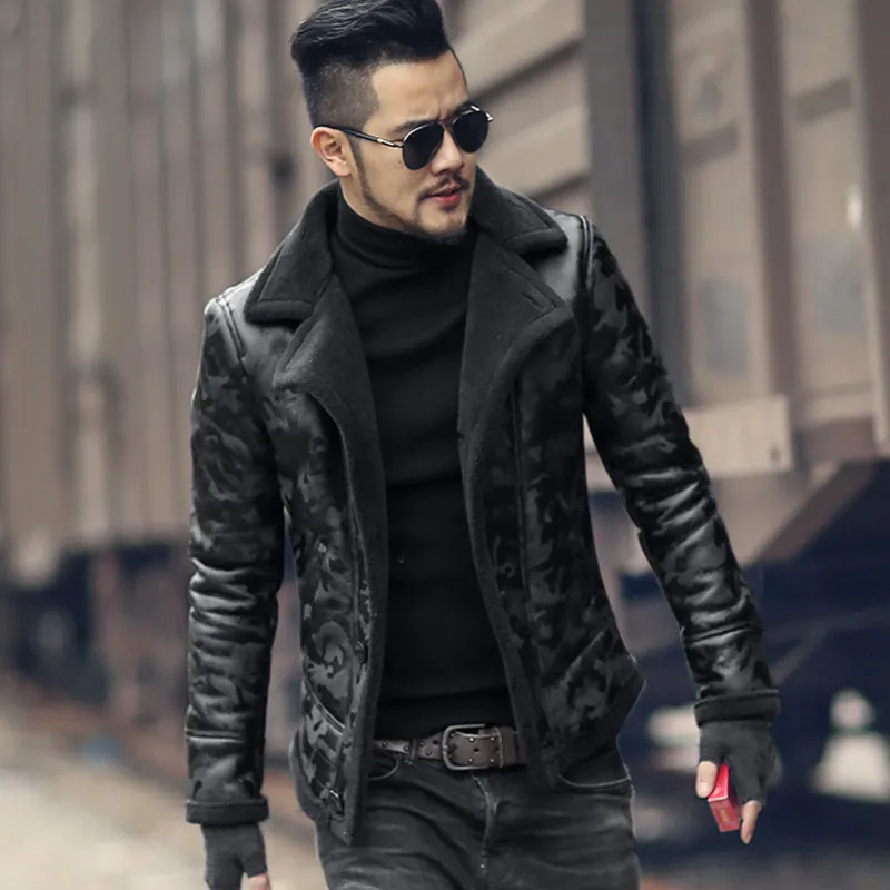 Black men winter warm camouflage fur lamb woolen casual jacket