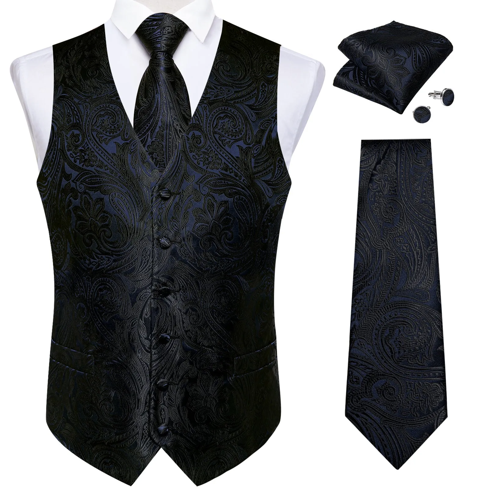 Black Paisley Jacquard Silk Men's Vest Hanky Cufflinks Tie Set