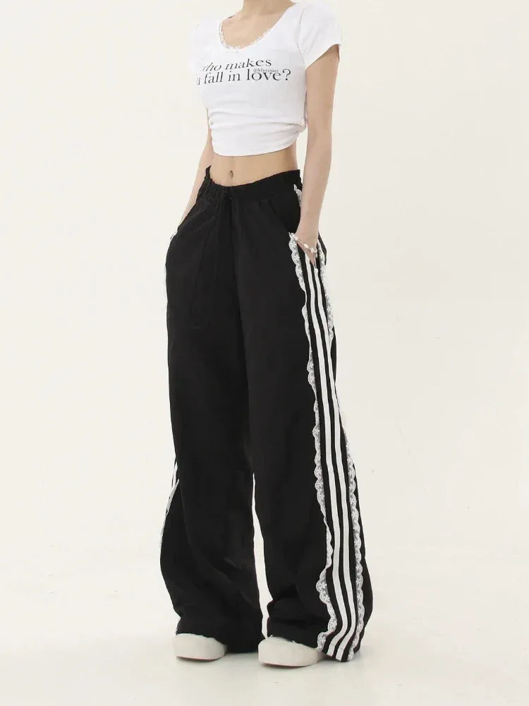 Black Women Y2k Baggy Lace Stripe Wide Leg Sports Hip Hop Pants