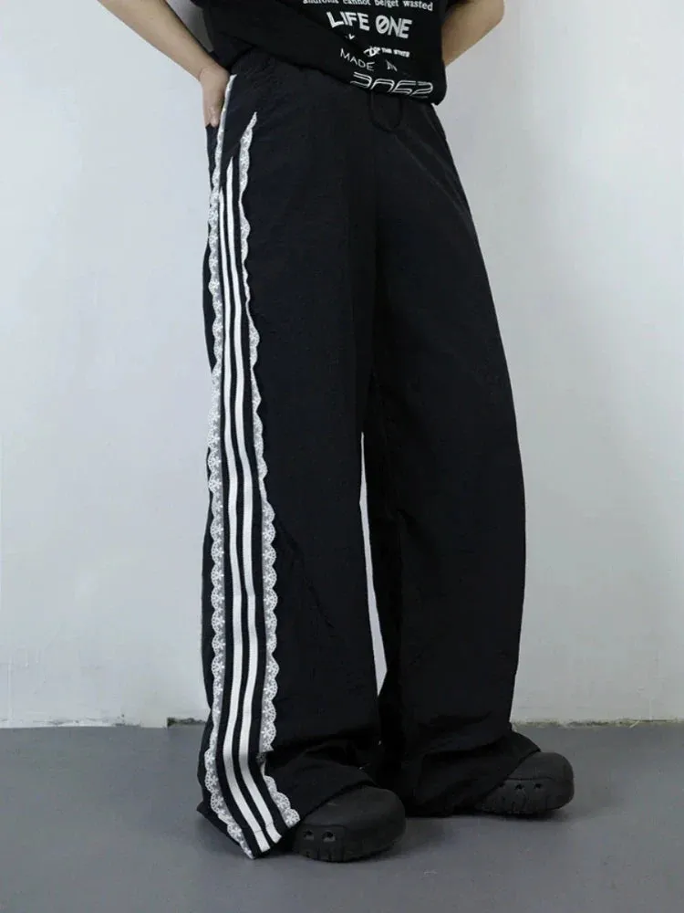 Black Women Y2k Baggy Lace Stripe Wide Leg Sports Hip Hop Pants