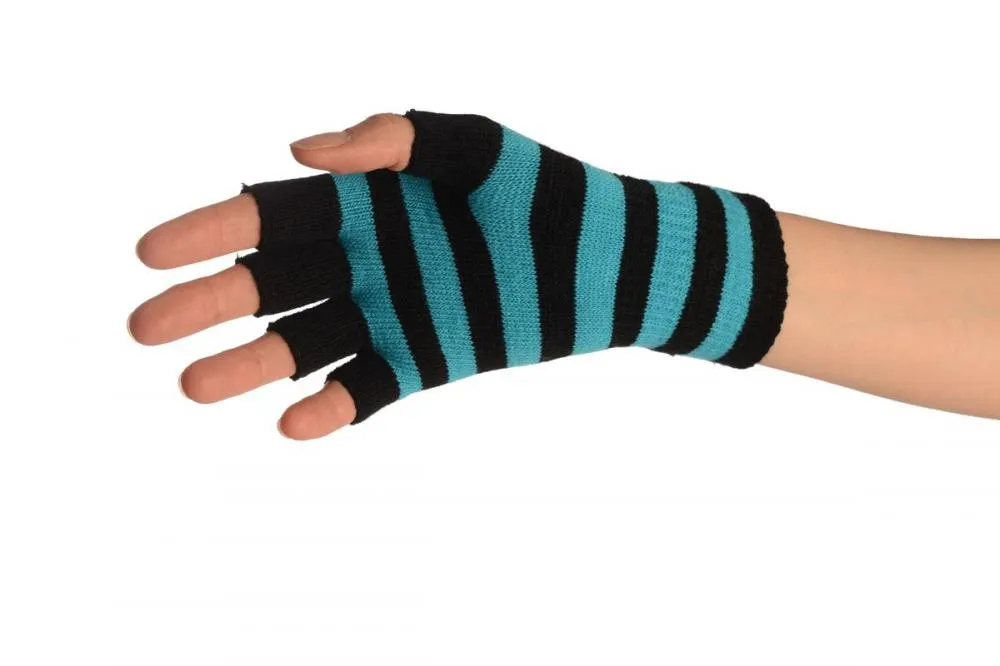 Blue & Black Stripes Short Fingerless Gloves