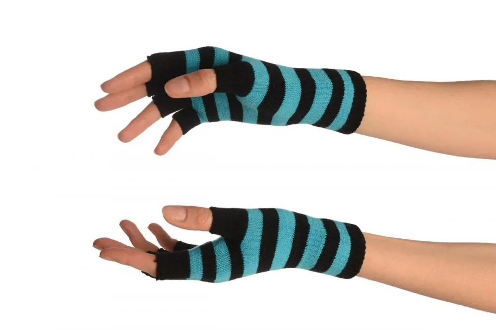 Blue & Black Stripes Short Fingerless Gloves