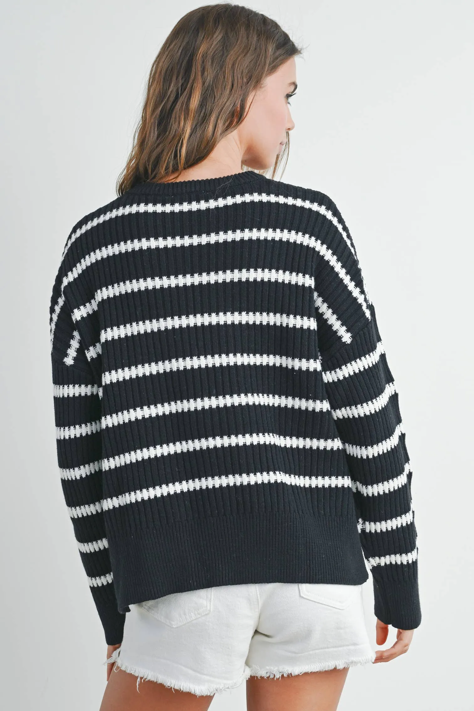 BOAT NECK STRIPED KNIT SWEATER