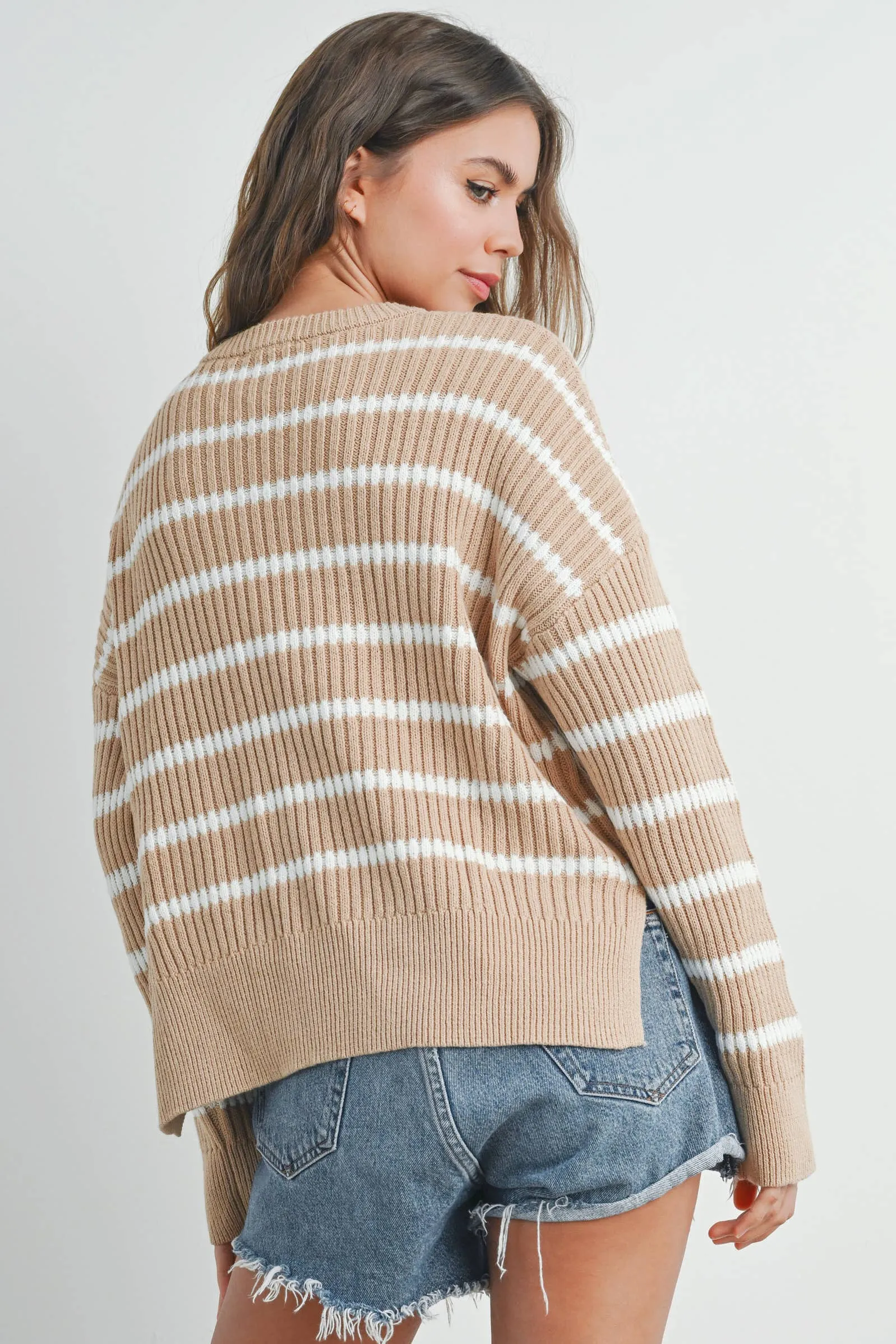 BOAT NECK STRIPED KNIT SWEATER