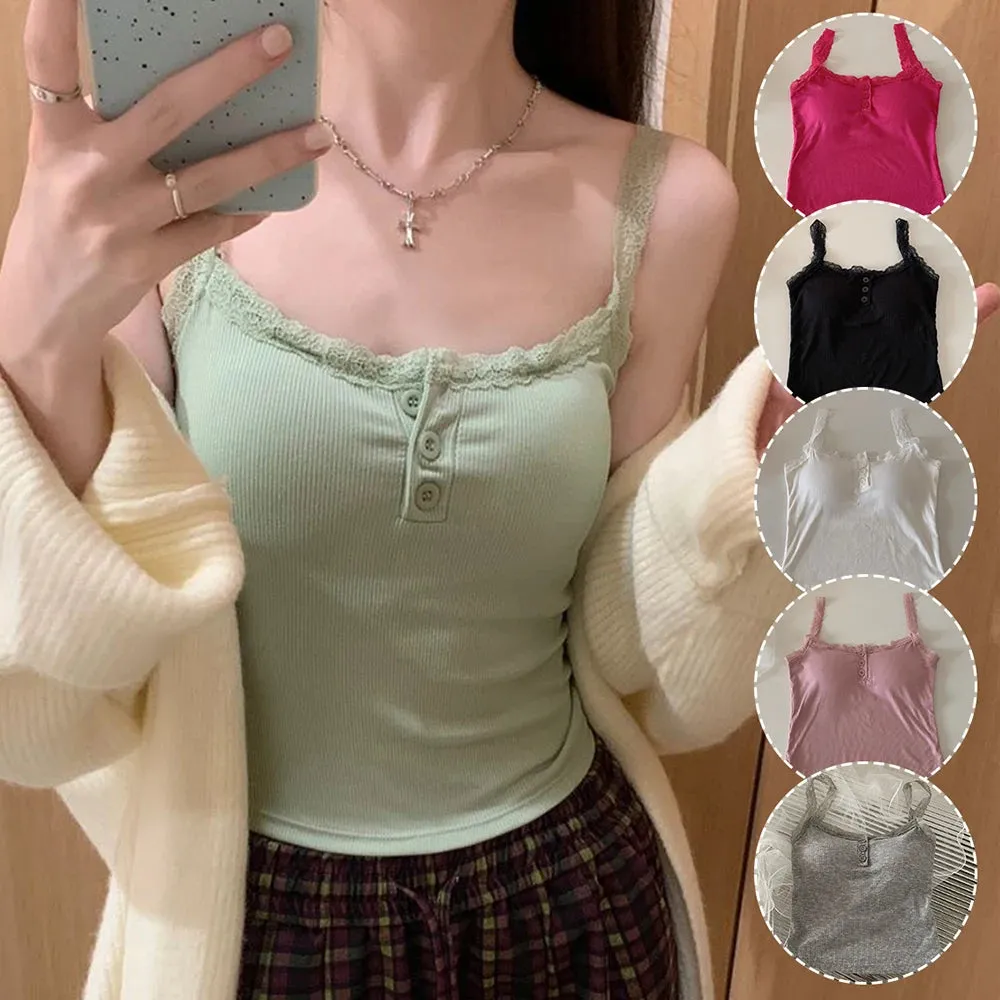 Bonnyshow  Solid Color Knit Tank Top Vest Women Sexy Lace Camisole With Chest Pad Crop Tops Sleeveless T Shirt Female Slim Undershirt