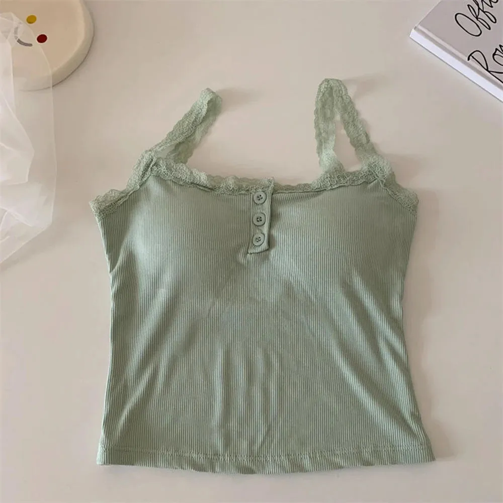 Bonnyshow  Solid Color Knit Tank Top Vest Women Sexy Lace Camisole With Chest Pad Crop Tops Sleeveless T Shirt Female Slim Undershirt