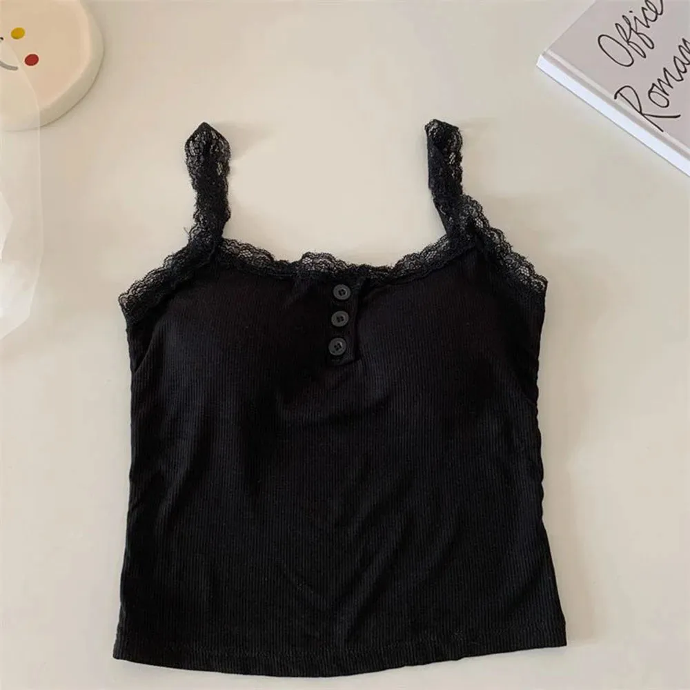 Bonnyshow  Solid Color Knit Tank Top Vest Women Sexy Lace Camisole With Chest Pad Crop Tops Sleeveless T Shirt Female Slim Undershirt