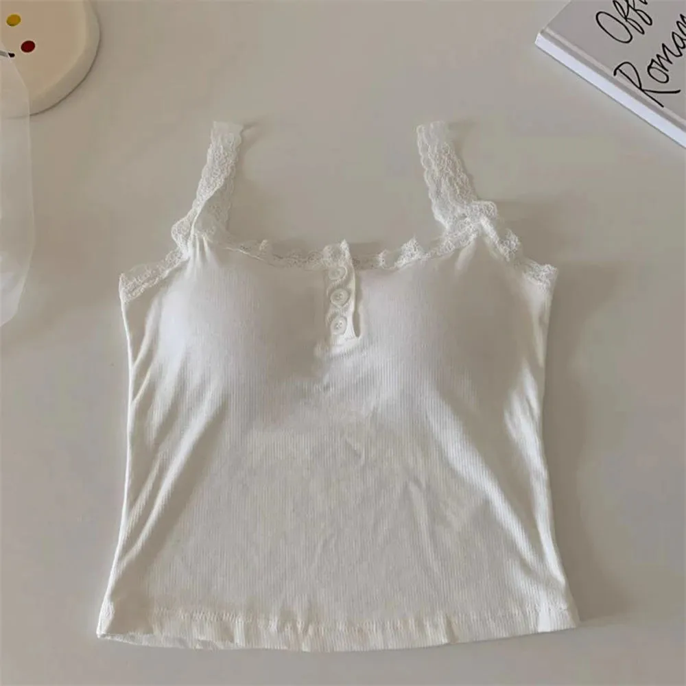 Bonnyshow  Solid Color Knit Tank Top Vest Women Sexy Lace Camisole With Chest Pad Crop Tops Sleeveless T Shirt Female Slim Undershirt