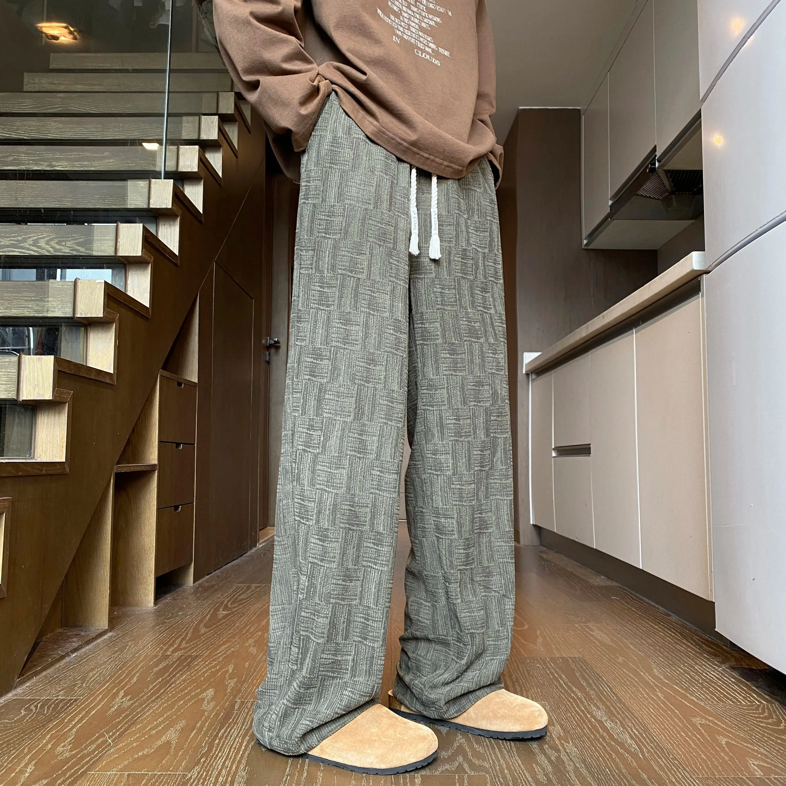 Bonsir Corduroy Wide-Leg Pant Men Trend Printed 2024 Autumn New Korean Fashion Loose Casual Straight Mopping Pants Green/Apricot