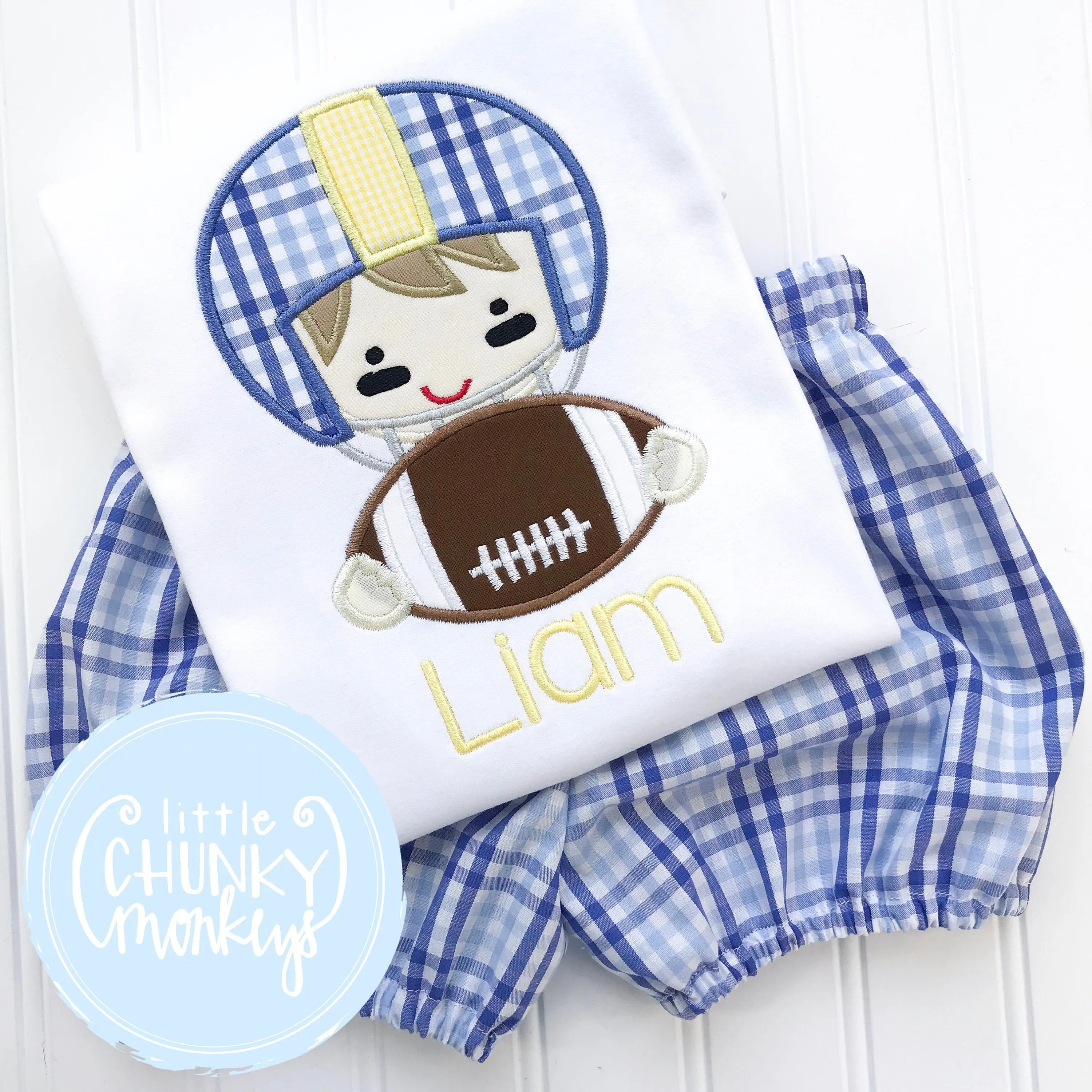 Boy Shirt - Yellow and Blue Football Player Applique Shirt