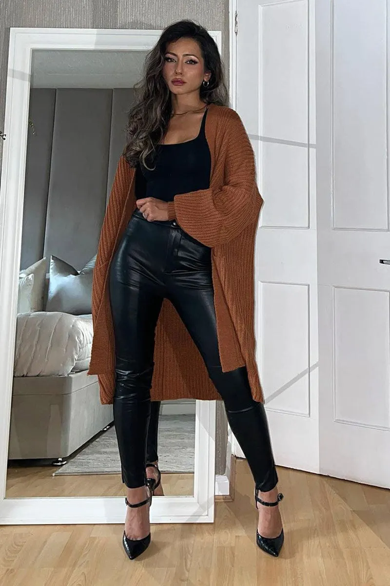 Brown Balloon Sleeve Longline Knit Cardigan - Abbie