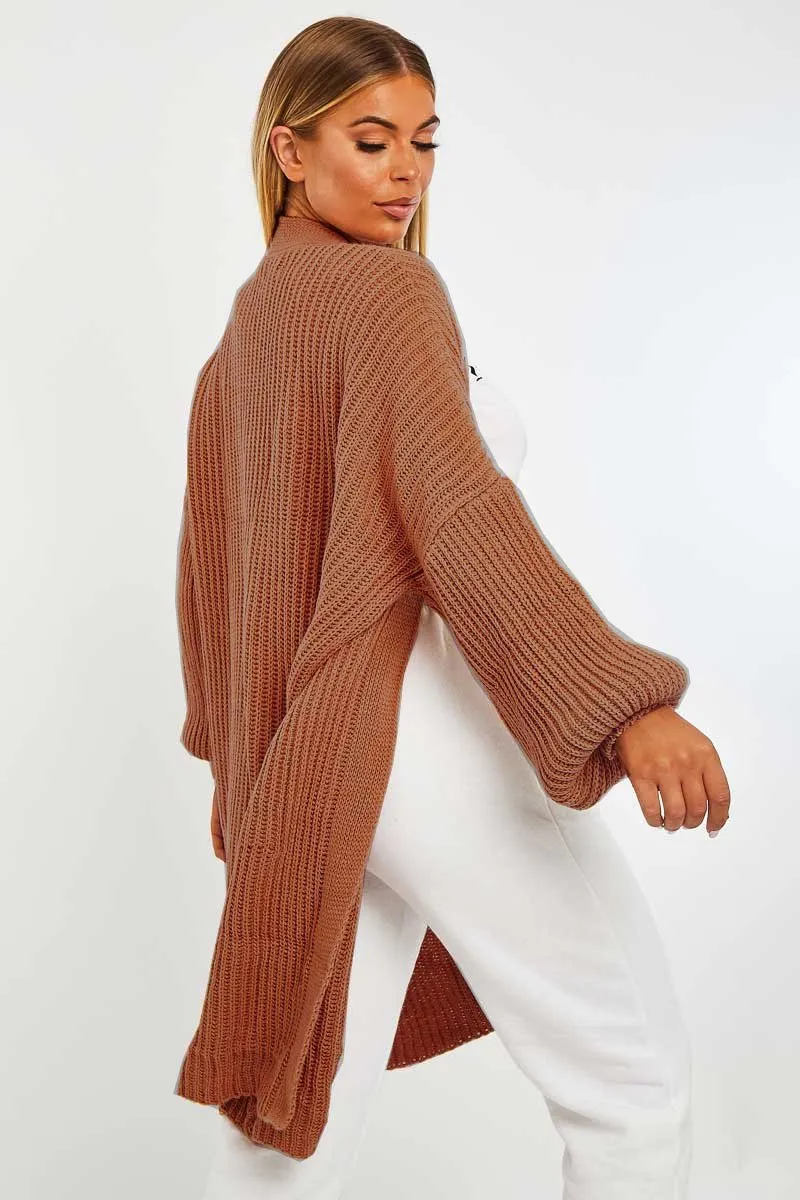 Brown Balloon Sleeve Longline Knit Cardigan - Abbie