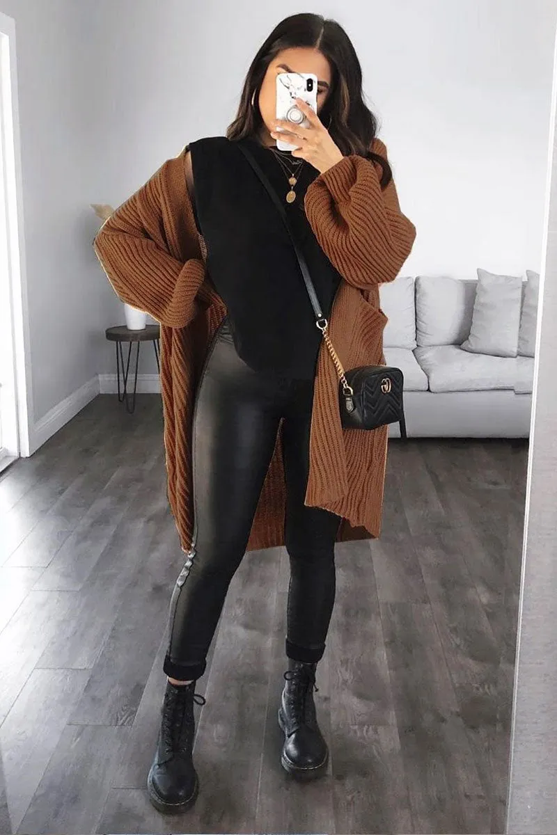 Brown Balloon Sleeve Longline Knit Cardigan - Abbie