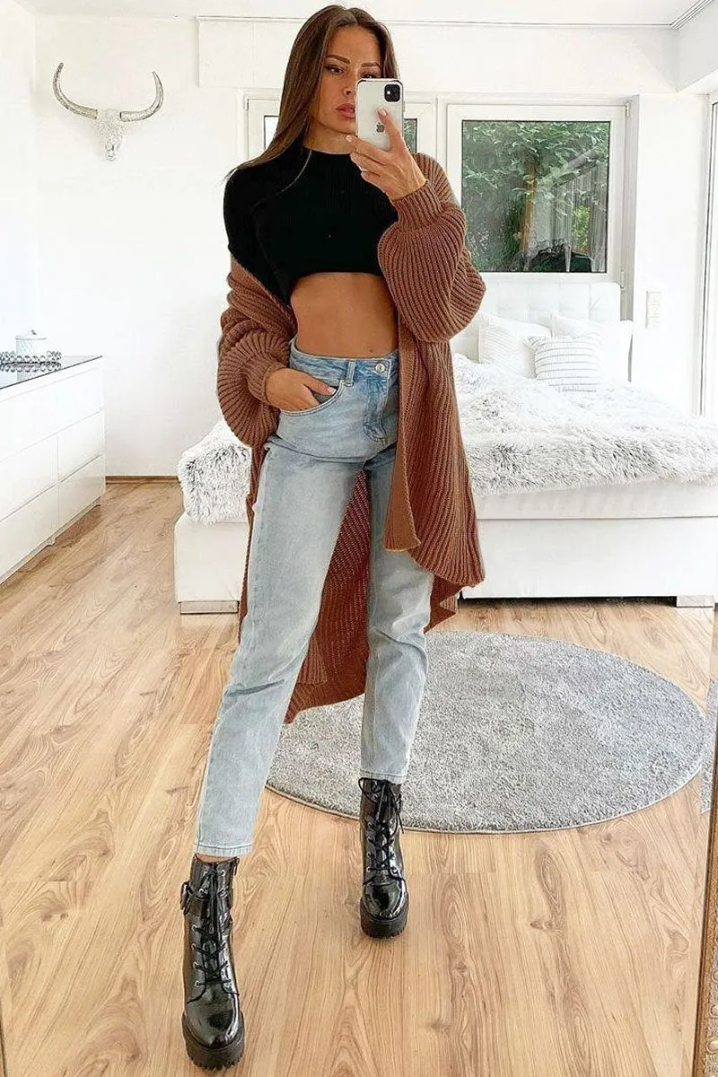 Brown Balloon Sleeve Longline Knit Cardigan - Abbie