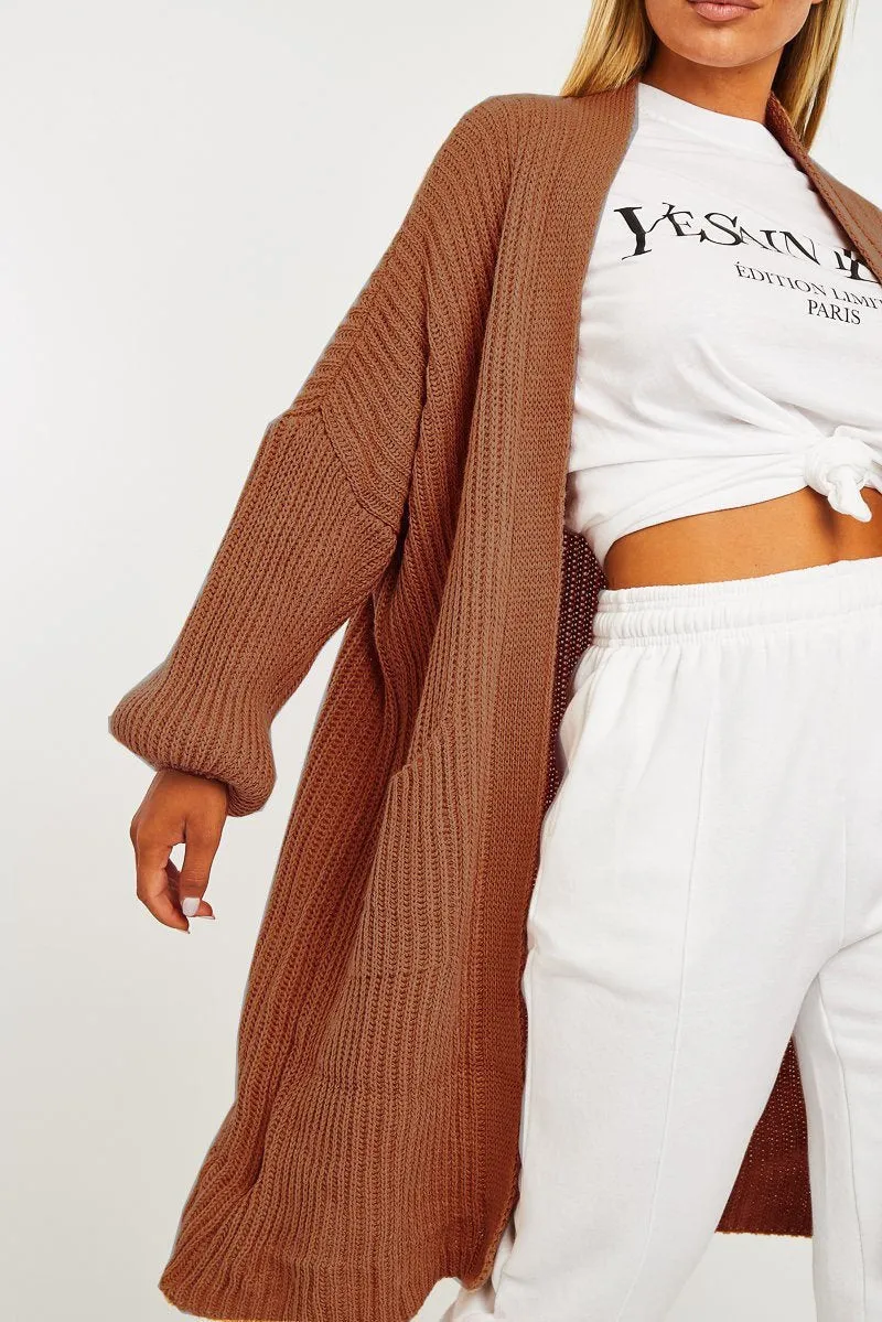 Brown Balloon Sleeve Longline Knit Cardigan - Abbie