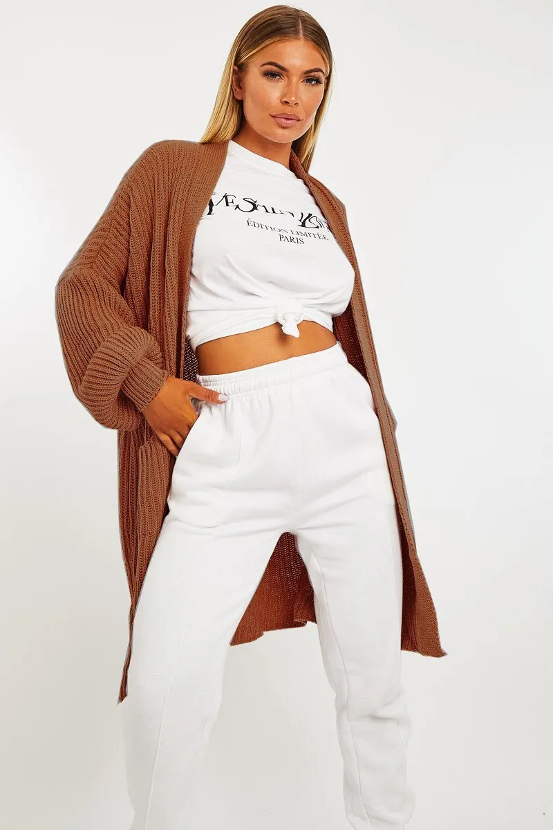 Brown Balloon Sleeve Longline Knit Cardigan - Abbie